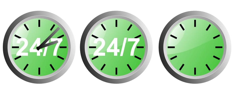 Illustration of 24/7 sign inside a green clock isolated in white background done in retro style.