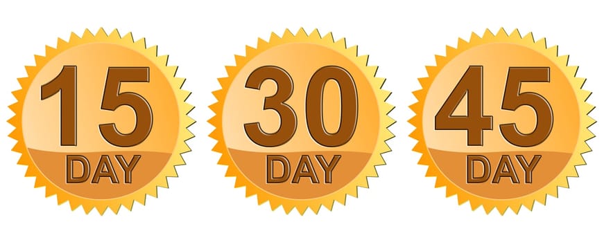 Illustration of icon15 Day, 30 Day, 45 Day in gold seal done in retro style.