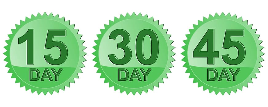 Illustration of icon15 Day, 30 Day, 45 Day in green seal done in retro style.