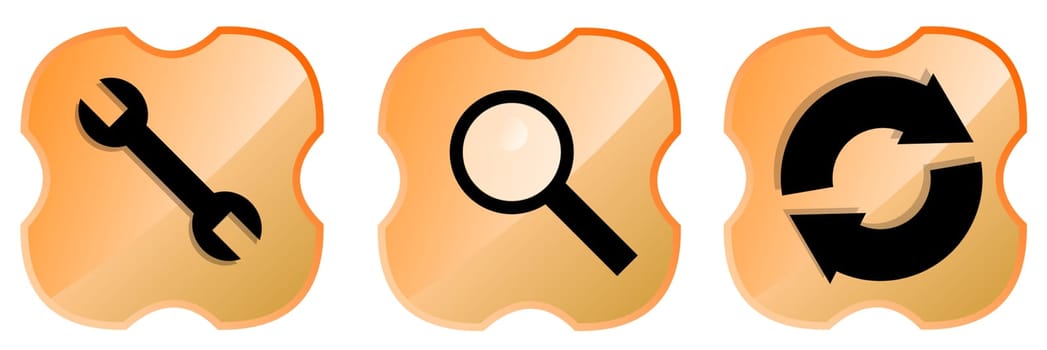 Illustration of a wrench, magnifying glass and web icon inside an orange shield cross isolated on white background done in retro style.