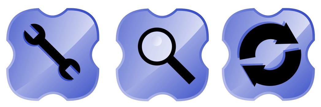 Illustration of a wrench, magnifying glass and web icon inside a blue shield cross isolated on white background done in retro style.