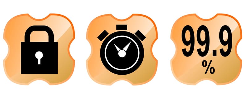 Illustration of web tools padlock, alarm clock, 99.9% icon inside an orange shield cross isolated on white background done in retro style.