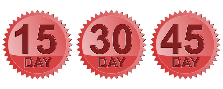 Illustration of icon15 Day, 30 Day, 45 Day in red seal done in retro style.
