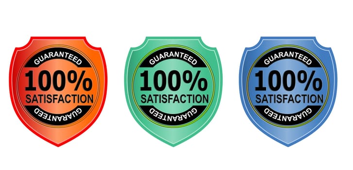 Illustration of a seal metal orange, green, blue with words 100% Satisfaction Guaranteed done in retro style.