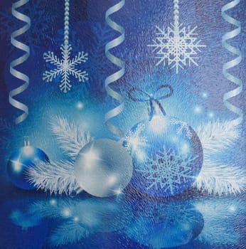 Christmas collage on fluted glass. Snowflakes, balls, streamers.