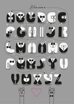 Artistic alphabet with encrypted romantic message We make a good team. Cartoon orange letters with bright decor. Funny hands looking at each other. Inscriptions - Decipher the message and Start here. Illustration