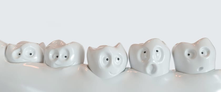 Tooth human cartoon. Teeth communicate with each other. 3d rendering