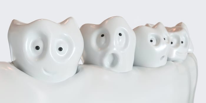 Tooth human cartoon. Teeth communicate with each other. 3d rendering