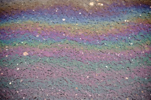An oil film or a trace of oil on the wet asphalt of a road shimmers in bright colors.