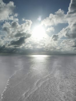 Calm low tide. Conceptual sunset or sunrise at sea or ocean horizon