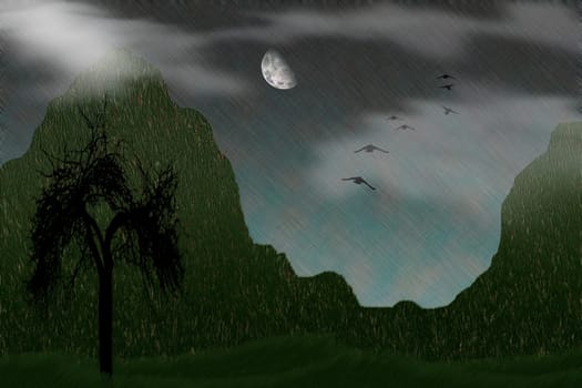 Mystic Nature. Composition with naked tree in green mountains. Birds flies to the full moon