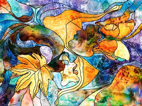 Stained Glass Forever series. Human profiles with autumn lea? and butterfly drawn with organic patterns on the subject of love, relationships and Unity with Nature.