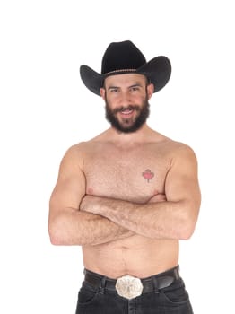 Young man standing shirtless, wearing a black cowboy hat and black.jeans with his muscular body, isolated for white background.