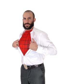 A handsome young man in a white shirt showing his red undershirt .with a beard and mustache, isolated for white background.