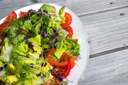 mixed summer salad on plate and wooden ground