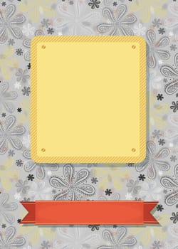 Floral greeting card. Black, gray and yellow geometric flowers. Yellow and red banners for custom text. Gray background