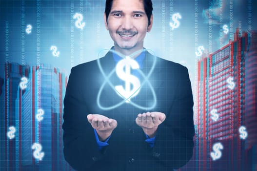 Handsome asian businessman showing digital money in his palm. Business concept