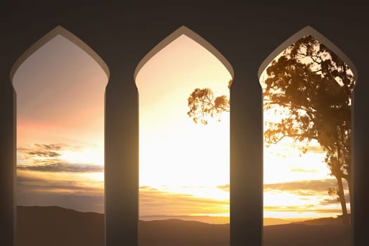 Mosque arch with beutiful sunset view