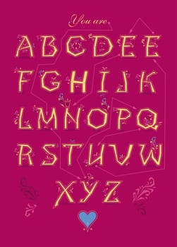 Artistic alphabet with encrypted romantic message We make a good team. Cartoon orange letters with bright decor. Funny hands looking at each other. Inscriptions - Decipher the message and Start here. Illustration