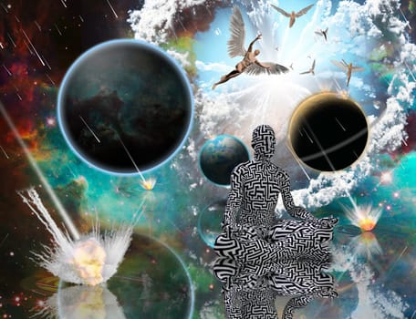Universe Balance of Life. Surreal composition. Planetary Armageddon. Man with maze pattern in lotus pose. Angels comes from another dimensions. 3D rendering