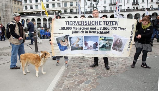 Demo participants ,. The Action Alliance against Animal Experiments and animal rights initiative Hamburg called for a large demonstration (about 500 participants) against animal torture at the UKE and for modern animal-free research with prominent comrades-in-arms. The action took place as part of the International Day for the Abolition of Animal Experiments at the Town Hall - .28.04.2018.
