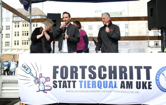 Peter Huebner (animal rights activist) and Volkan Baydar ,. The Action Alliance against Animal Experiments and animal rights initiative Hamburg called for a large demonstration (about 500 participants) against animal torture at the UKE and for modern animal-free research with prominent comrades-in-arms. The action took place as part of the International Day for the Abolition of Animal Experiments at the Town Hall - .28.04.2018.