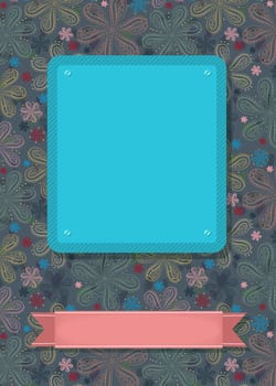 Floral greeting card. Colorful geometric flowers. Blue and pink banners for custom text. Gray background