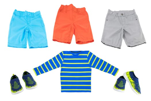 Collage of  summer fashion for boys. Bright shorts and shirt. Blue Sneakers or shoes. Isolated on white.