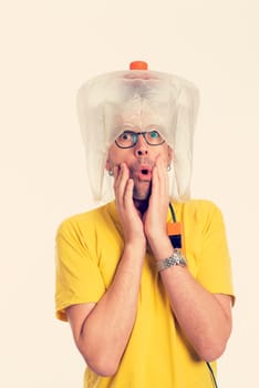 crazy white man man with hair dryer