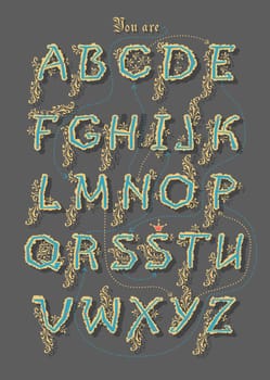 Artistic alphabet with encrypted romantic message We make a good team. Cartoon orange letters with bright decor. Funny hands looking at each other. Inscriptions - Decipher the message and Start here. Illustration