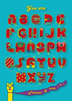 Artistic alphabet with encrypted romantic message We make a good team. Cartoon orange letters with bright decor. Funny hands looking at each other. Inscriptions - Decipher the message and Start here. Illustration