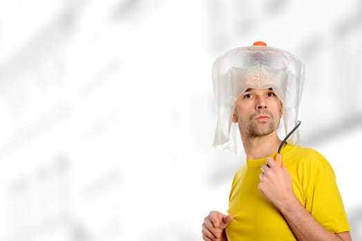 crazy white man man with hair dryer