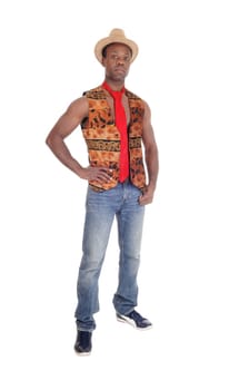 A full body image of a young African American man standing in a .brown vest and red tie, isolated for white background.