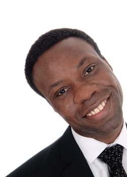 An image of a young African American man in a suit and tie, looking .into the camera with a positive look, isolated for white background.