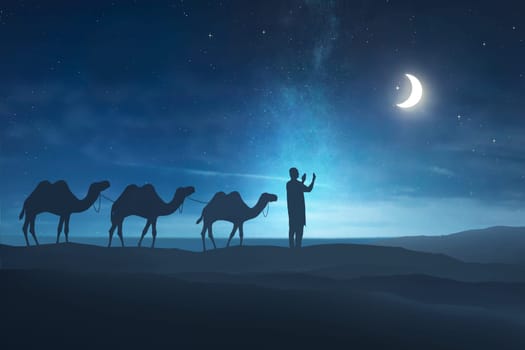 Silhouette of muslim man praying at night