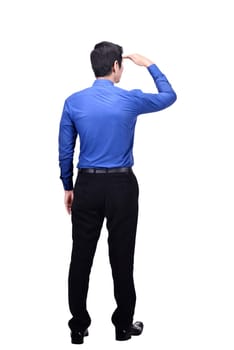 Portrait of asian businessman looking up something standing isolated over white background