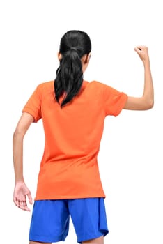 Back view of asian female football player with happy expression isolated over white background