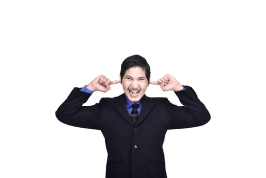 Portrait of asian business man covering ears with his hand isolated over white background