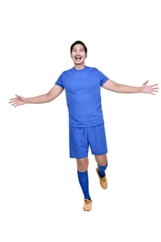 Portrait of asian footballer man with happy expression posing isolated over white background