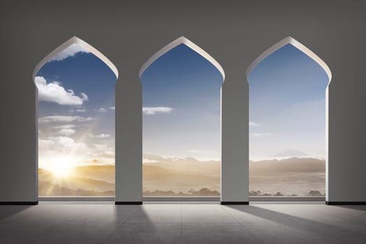Mosque windows with sunlight and landscape view background