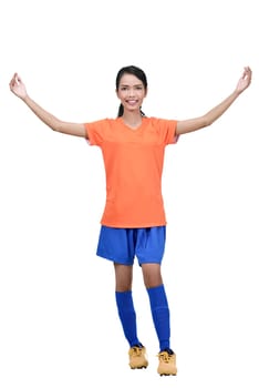 Professional asian female football player posing celebrate isolated over white background