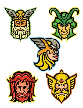 Mascot icon illustration set of heads of Norse gods such as Odin, Wodan, Woden or Wotangod, Loki, valkyrie warrior, Baldr, Balder or Baldur and Thor   on isolated background in retro style.