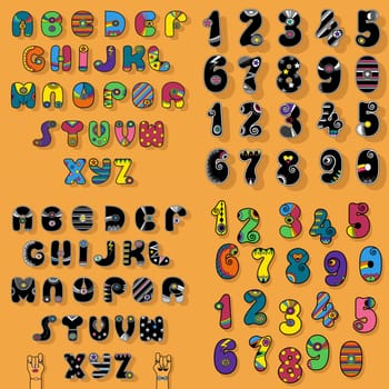 Set of Letters and Numbers. Colorful and Black Vintage Disco Alphabets with Bright Decor. Cartoon hands looking at each other. Illustration