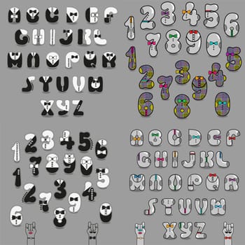 Set of Letters and Numbers. Unusual Alphabets with Vintage black and white, and gray suits. Cartoon hands looking at each other. Illustration