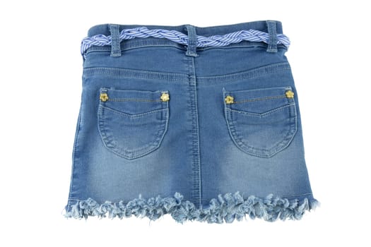 Back view of fashionable blue jeans skirt for children. Girls clothes with blue white linen twine and golden ornaments. Isolated on white. Concept summer fashion for childs.