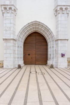 France, Annecy - May 01, 2018: Detail of the entrance gate with tourist information of the castle of Annecy.. It was an ancient residence of the Counts of Geneva.