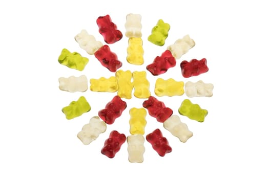 Circle of jelly bears isolated on white background. Concept candy.