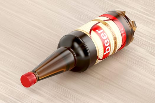 Plastic beer bottle on wood table