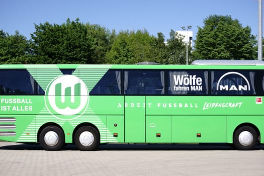 Frankfurt,Germany - May 06,2018: The team bus of the football club VFL Wolfsburg at an away game of the Women's Bundesliga on 06 May 2018 in Frankfurt.