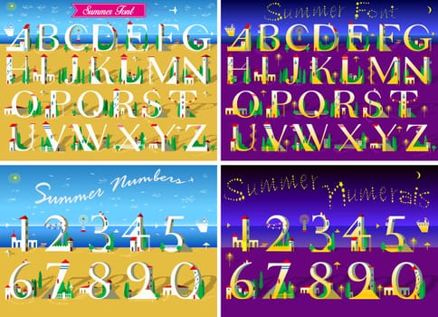 Set of Letters and Numbers. Summer Travel Day and Night Alphabets. Signs are as white houses on the beach. Plane and stars in the sky. Illustration